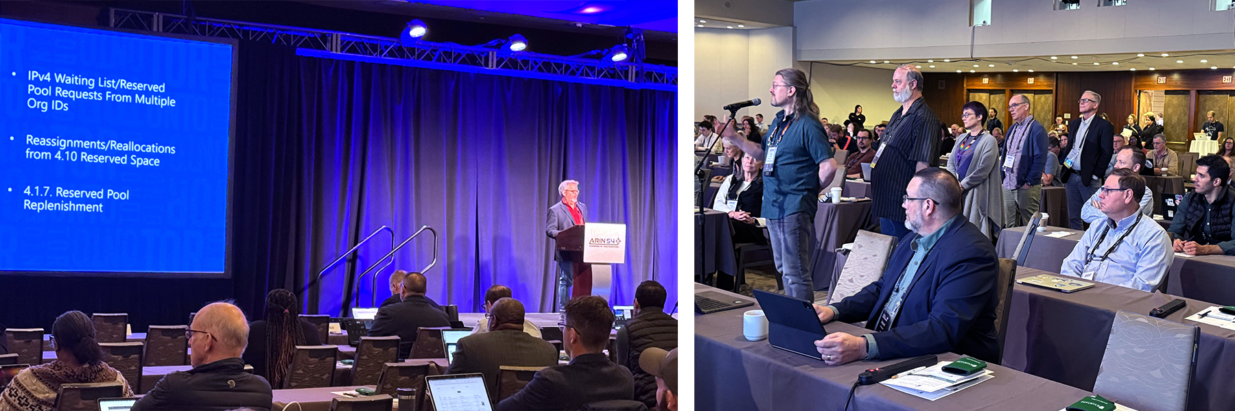 Left to right: Chief Experience Officer John Sweeting presents the Policy Implementation and Experience Report; ARIN 54 participants step up to the mic to respond with their questions and comments.