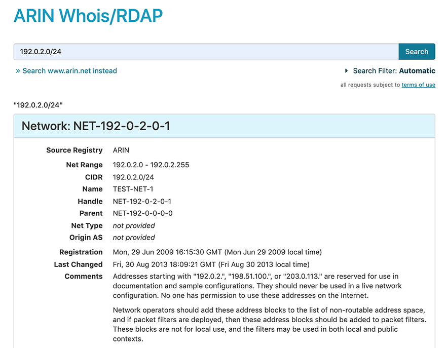 screen capture showing results from searching on a CIDR range