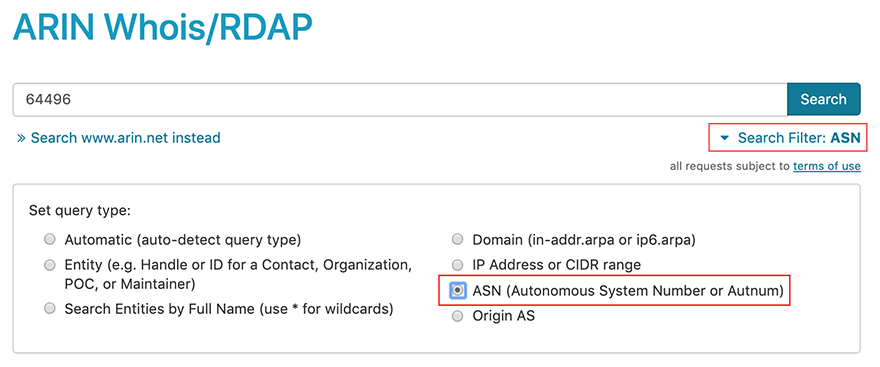 screen capture showing searching on an asn with the asn filter